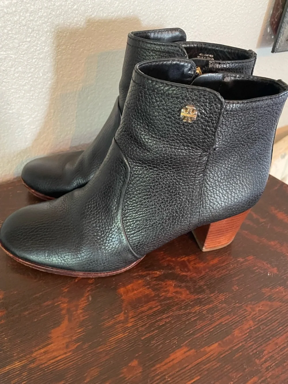 Tory Burch Black Leather Ankle Booties with Wood Heel